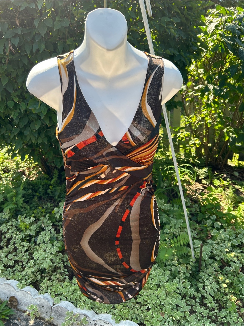 Sleeveless Brown & Orange Printed Y2K Woman’s Dress